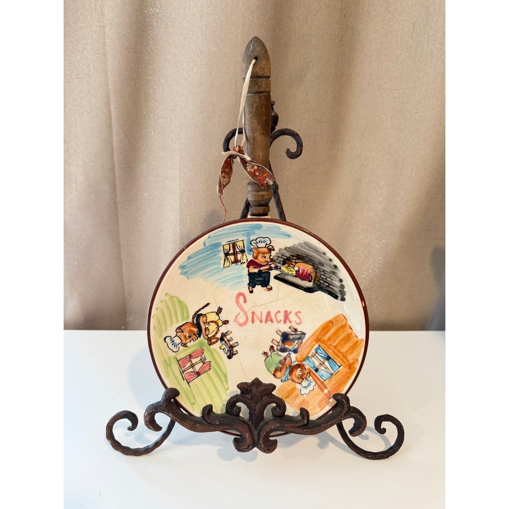 Vintage Hand Painted Three Little Pigs Chef Ceramic Snack Plate with Handle